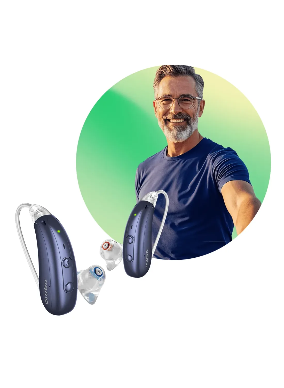 Pair of behind-the-ear Signia hearing aids, smiling man with glasses